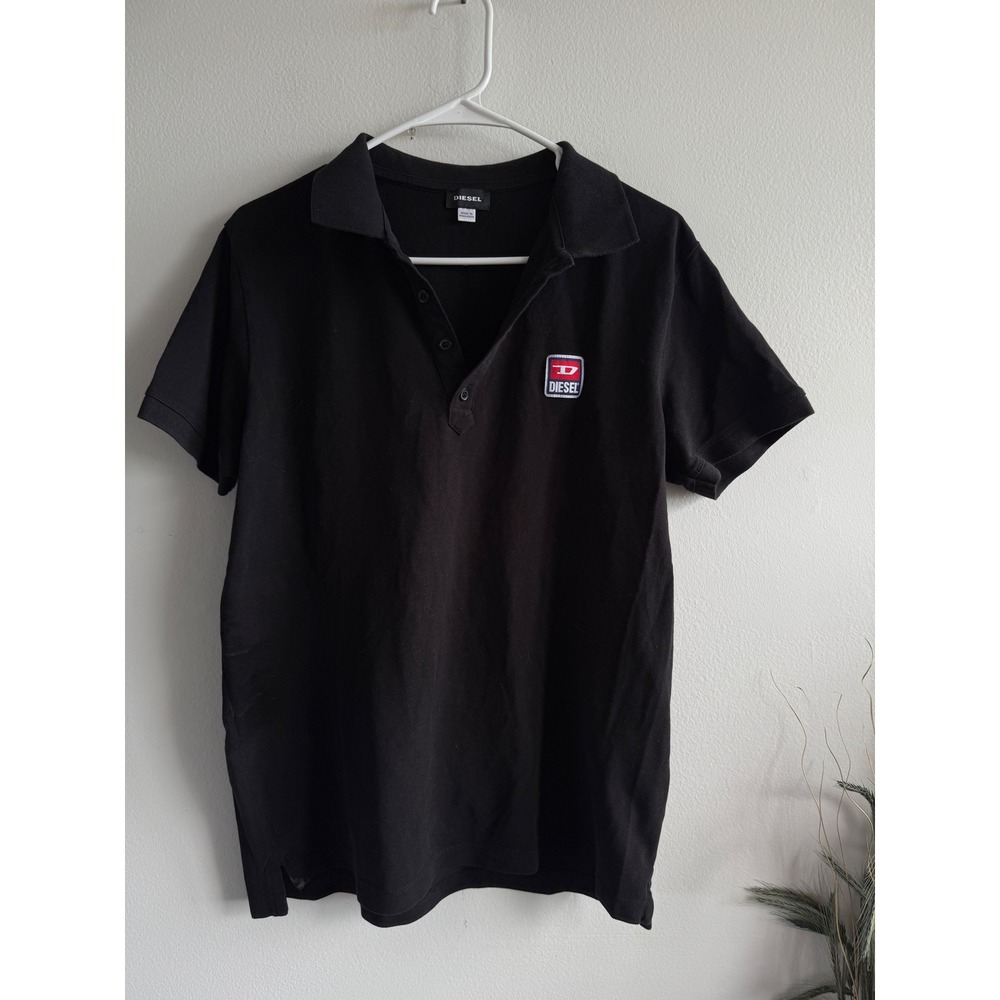 Diesel Mens Black Short Sleeve Polo Shirt Logo Patch Pique Cotton XL 3752